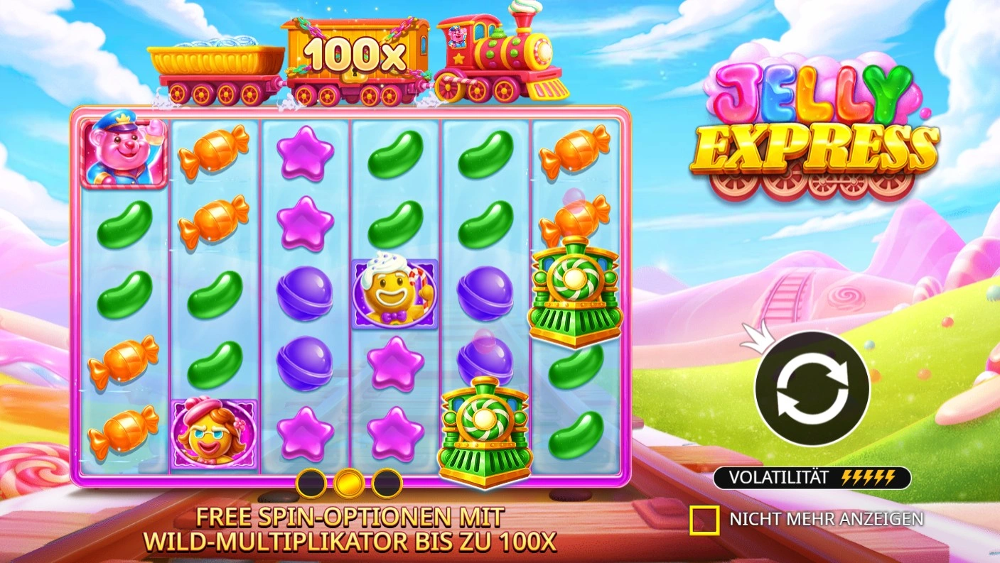 Jelly Express boshlang'ich ekrani — konfet poyezdi marmelad mashinist bilan 6x5 o'yin maydonida, Wild multiplikatorlar 100x gacha