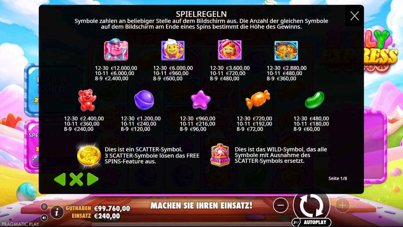 Jelly Express to'lov jadvali — barcha belgilarning 8 dan 30 gacha mos kelish qiymatlari