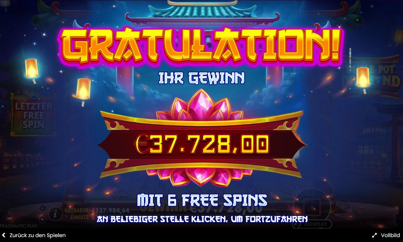 Triple Pot Diamond bepul aylanish natija oynasi umumiy yutug' summasi bilan