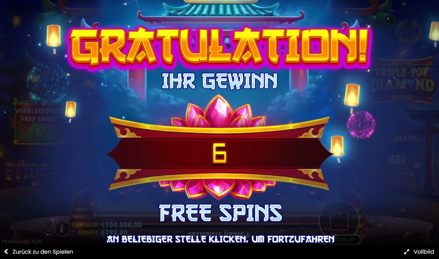 Triple Pot Diamond bepul aylanish faollashtirish oynasi ko'paytiruvchi modifikatorlarni ko'rsatuvchi