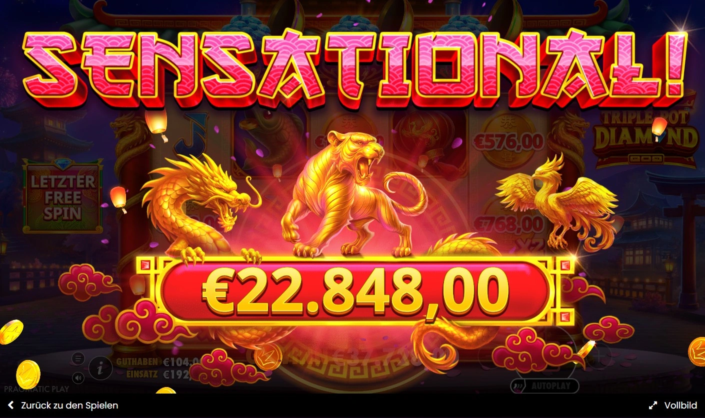 Triple Pot Diamond bonus o'yinida katta yutug' Sensation Win animatsiyasi